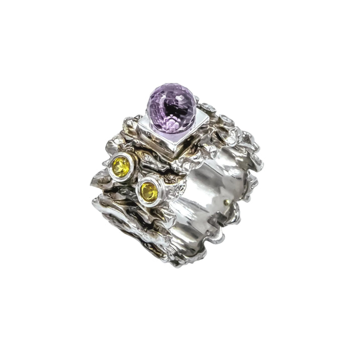 Luxury Handcrafted Silver Ring with Amethyst, Citrine and Diamond