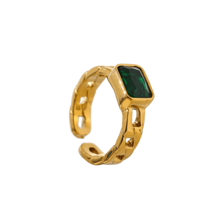 Stylish Golden Ring with Big Green Crystal