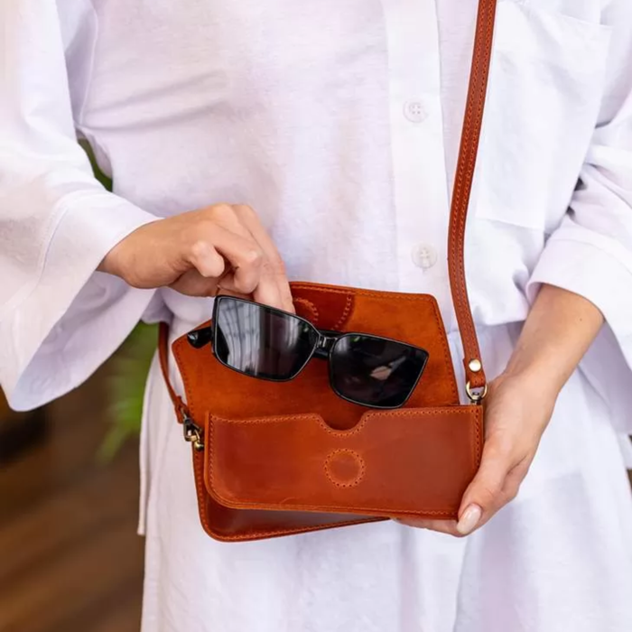 Crazy Horse Leather Glasses Case Mini Crossbody Bag