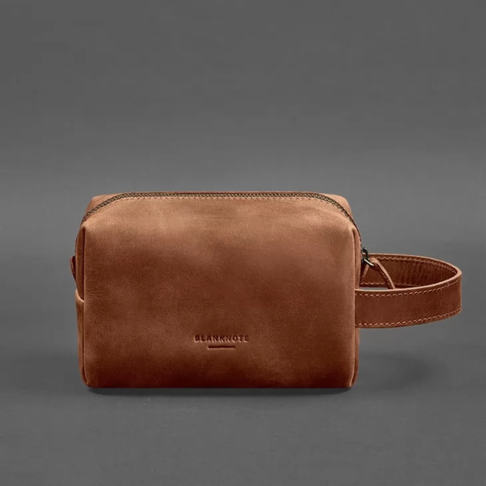 Crazy Horse Leather Toiletry Bag with Zipper Closure