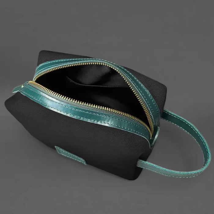 Canvas and Leather Cosmetic Bag with Zipper Closure