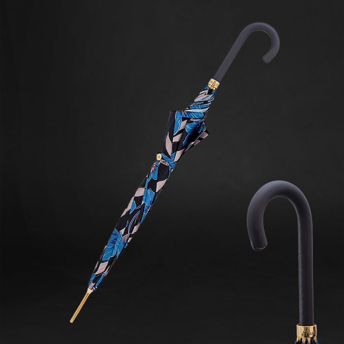 Stylish Blue Flowers Umbrella with Black Leather Handle