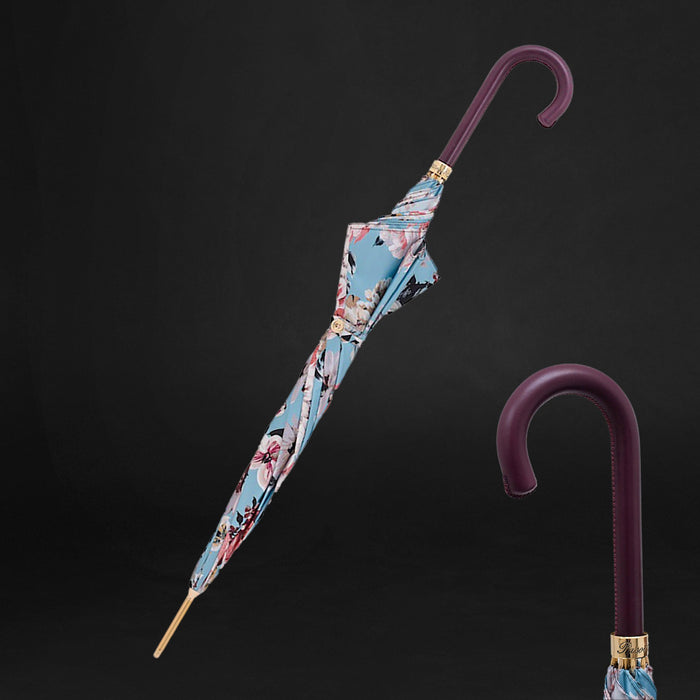 Unique Flowered Umbrella with Burgundy Leather Handle - Artynov | Unique Handmade Accessories