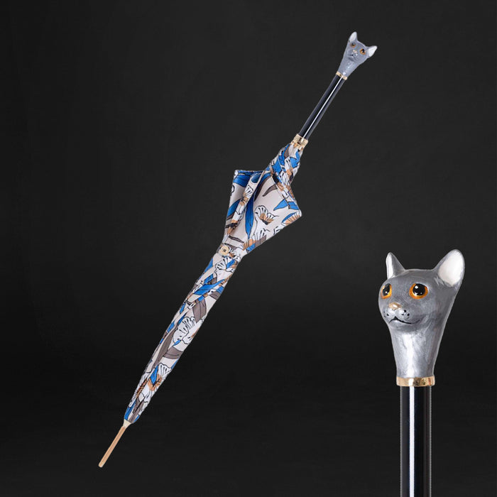 Grey Cat Flower Print Umbrella - Luxury Gift