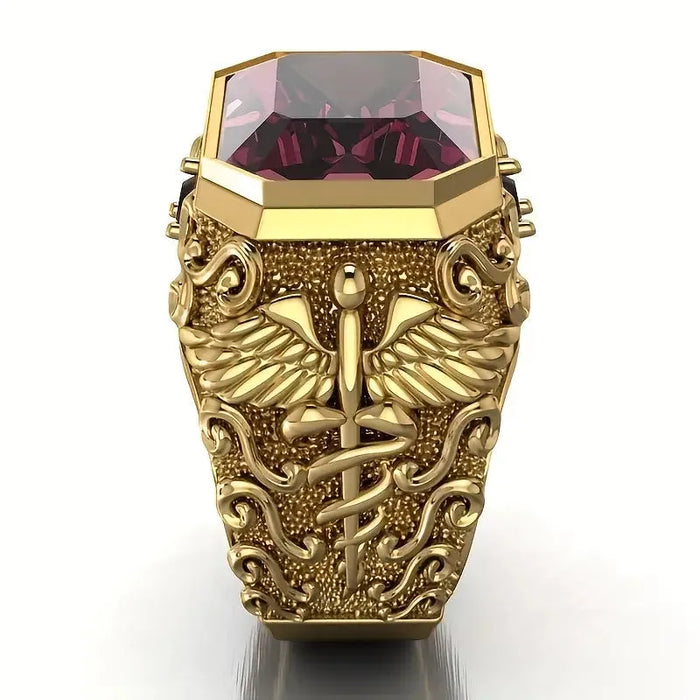 Yellow Gold Plated Vintage Snake Ring with Red Synthetic Zirconia