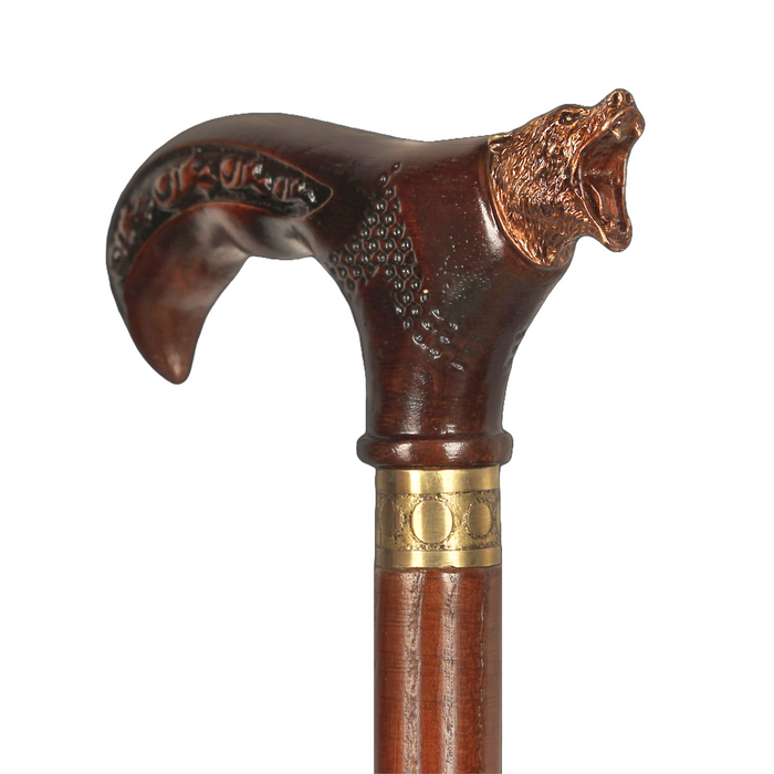 Wooden Walking Cane Bear Brass Handle - Wood Walking Stick