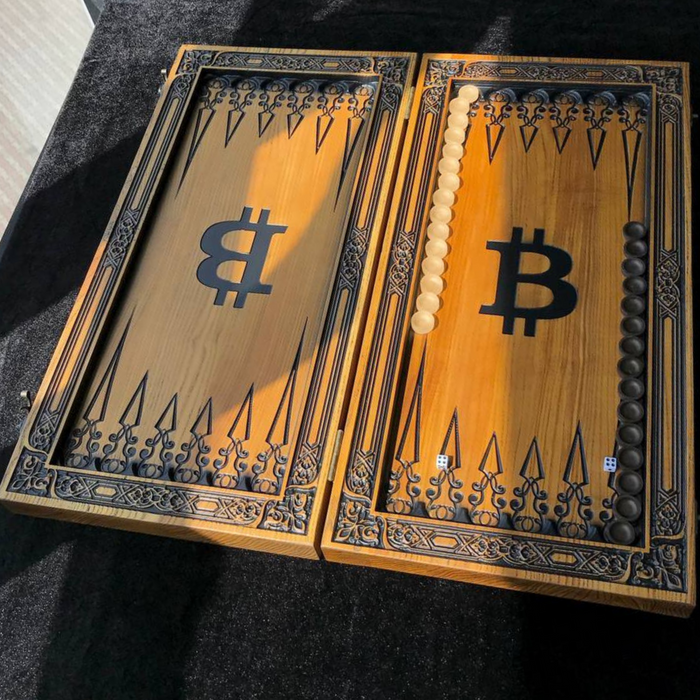 Backgammon set featuring Bitcoin motif, wooden board