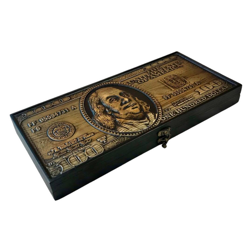 Handmade hand-carved backgammon set with dollar artwork