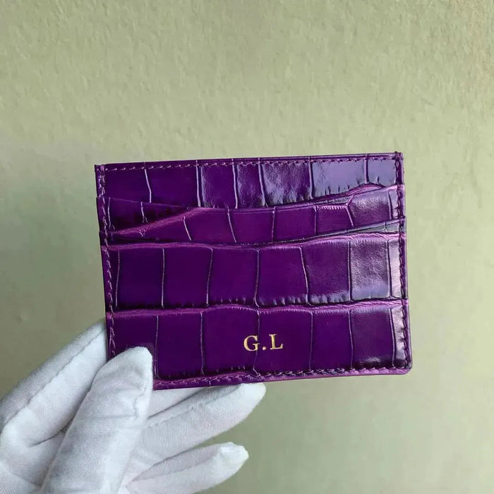 Burgundy Crocodile Pattern Leather Card Holder Handcrafted