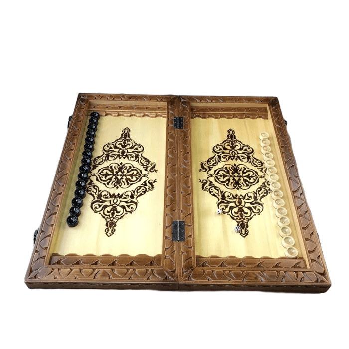 Unique wooden backgammon design with carving