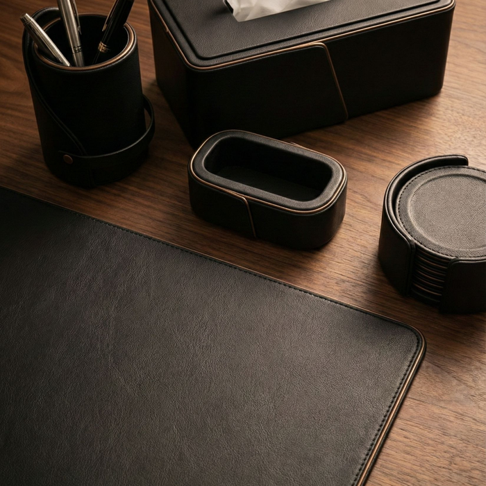 Noir Leather Executive Office Desk Set with Signature Flap Design