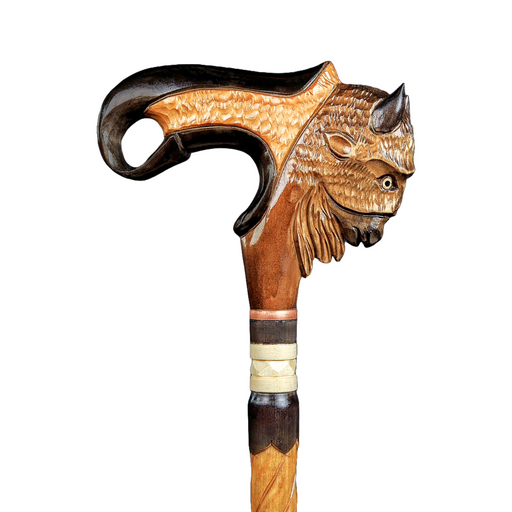 Art wooden cane American bison buffalo head