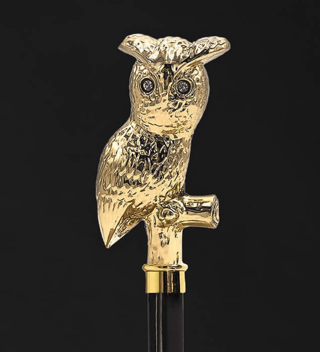 24K Gold Plated Walking Cane with Owl and Swarovski Crystals