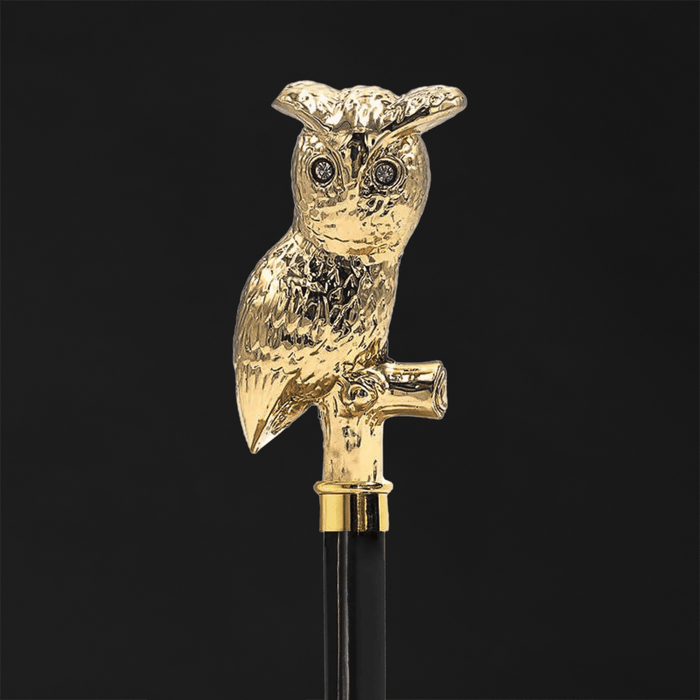 24K Gold Plated Walking Cane with Owl and Swarovski Crystals