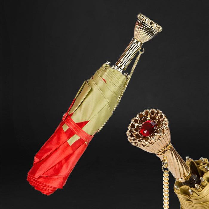 Red Dahlia Golden Brass Exclusive Folding Umbrella