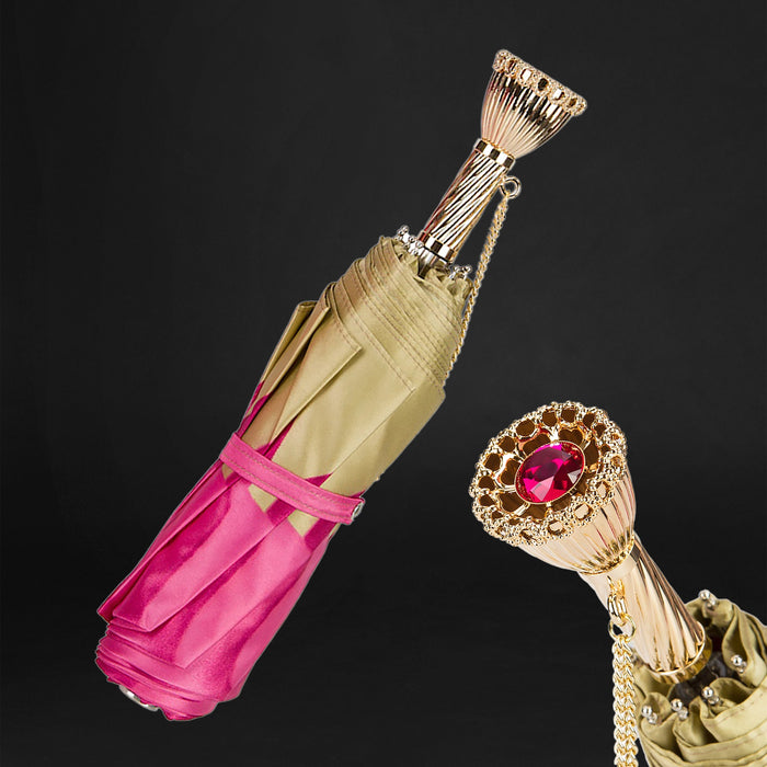 Pink Dahlia Golden Brass Chic Folding Umbrella