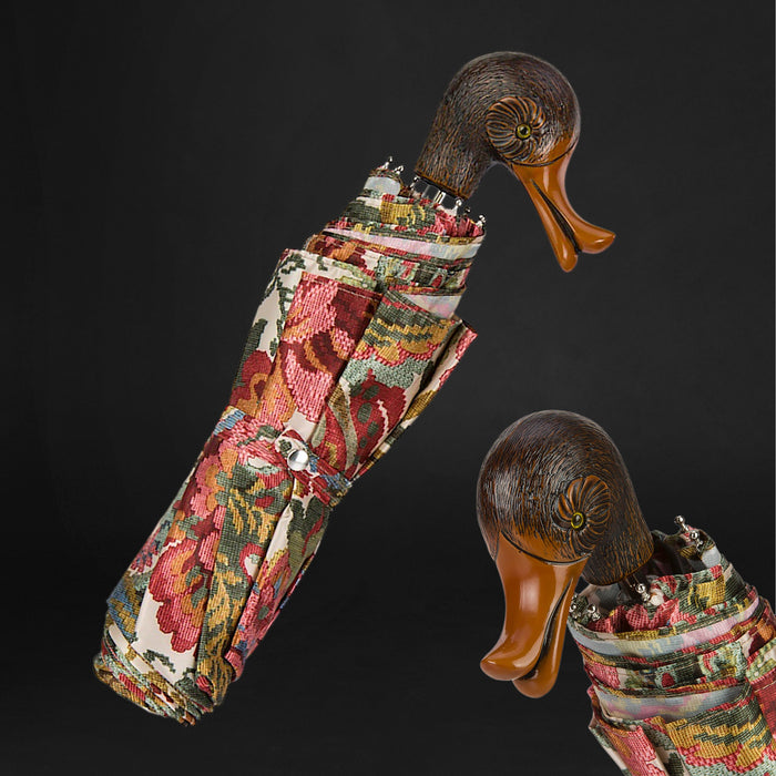 Vintage Flowered Duck Handle Folding Umbrella Women