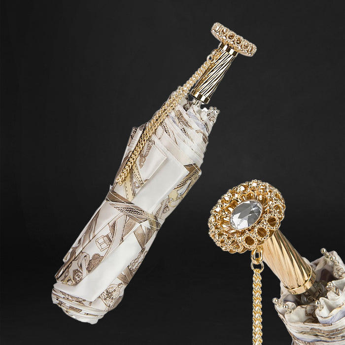 Bridles Print White Jewel Brass Designer Folding Umbrella