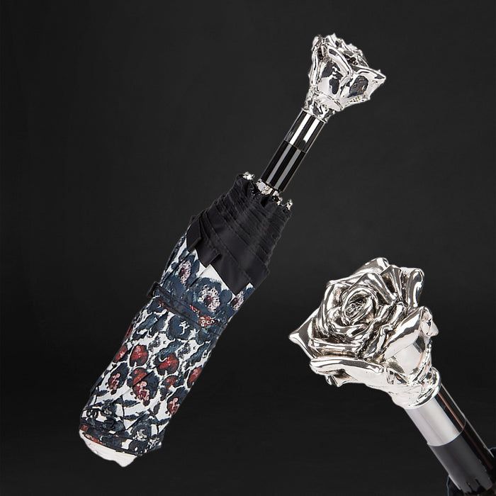 Silver Rose Floral High-Quality Folding Umbrella