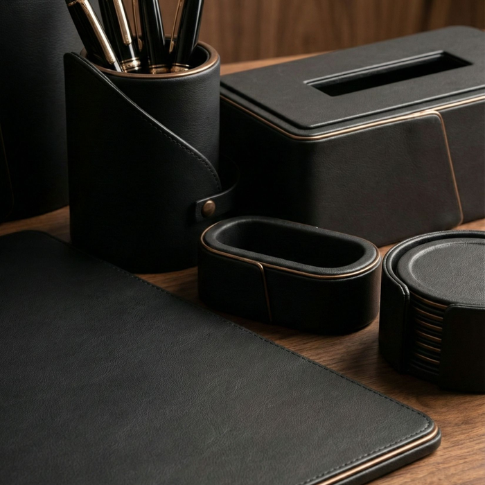 Noir Leather Executive Office Desk Set with Signature Flap Design