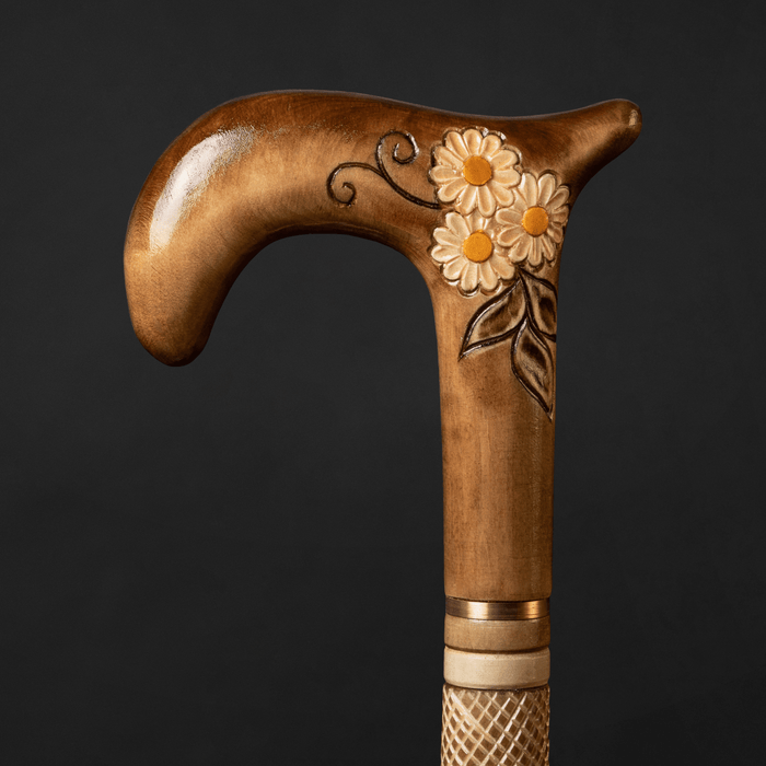Beige Walking Cane for Ladies Chamomile Flower, Wooden Stick
