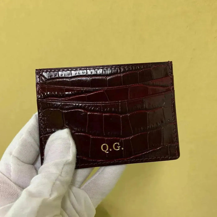 Burgundy Crocodile Pattern Leather Card Holder Handcrafted