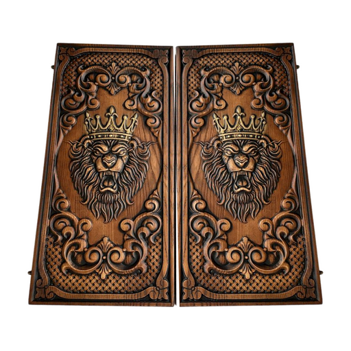 Wooden backgammon board featuring King Lion motif, ideal for travel