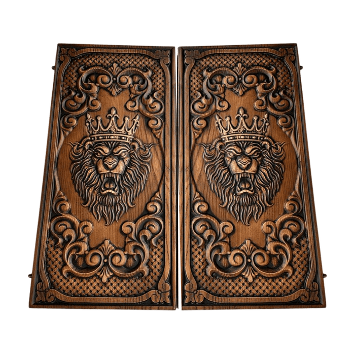 Wooden backgammon board featuring King Lion motif, ideal for travel