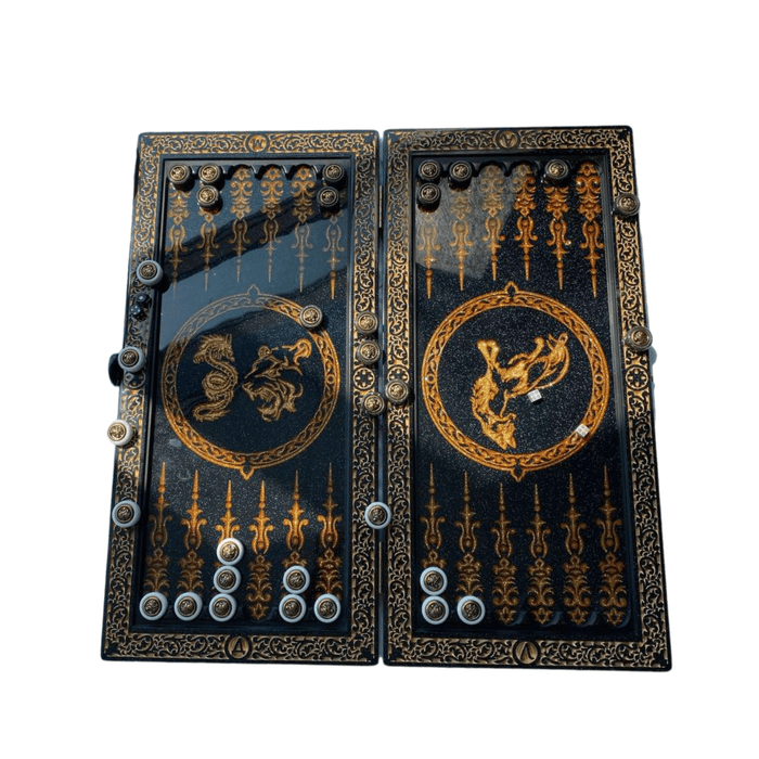 Customized black acrylic stone backgammon with Large Gold Lion