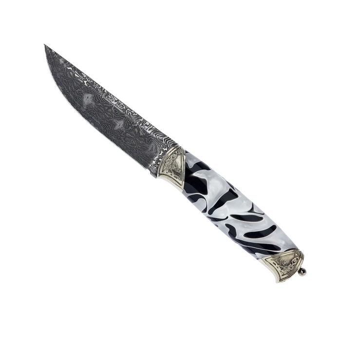 Exquisite Damascus Steel Knife with White Leather Scabbard