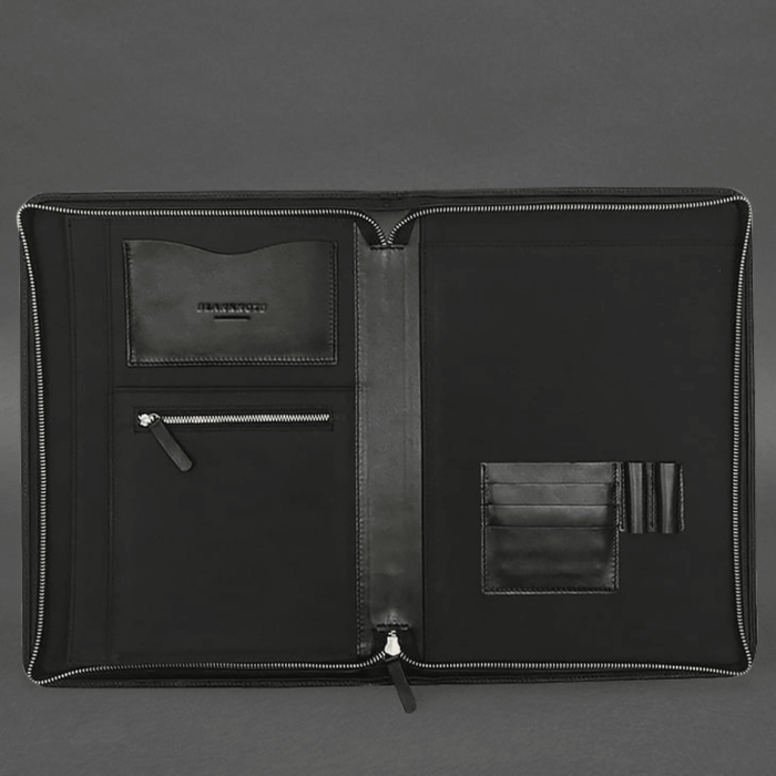 High Quality Black A4 Leather Folder with Zipper for Documents