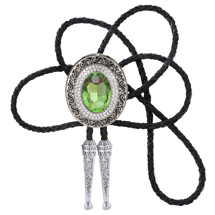 Mens Suit Tie Light Green Stone Glass Bolo Tie For Wedding with Rhinestone