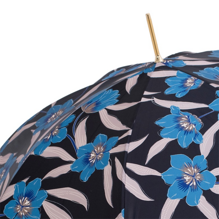 Stylish Blue Flowers Umbrella with Black Leather Handle