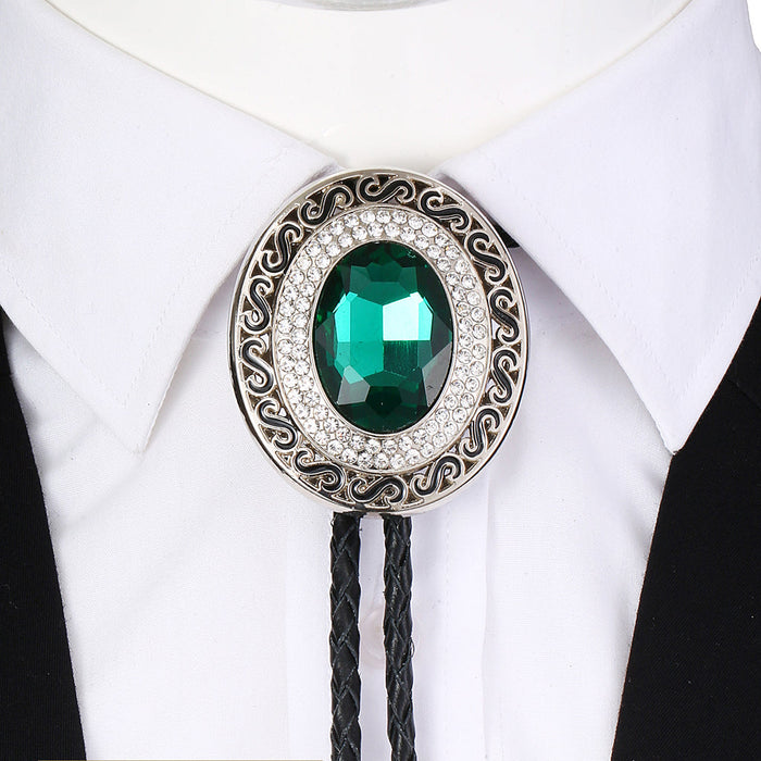 Mens Wedding Bolo Green Glass Stone Tie with Rhinestone Necklace