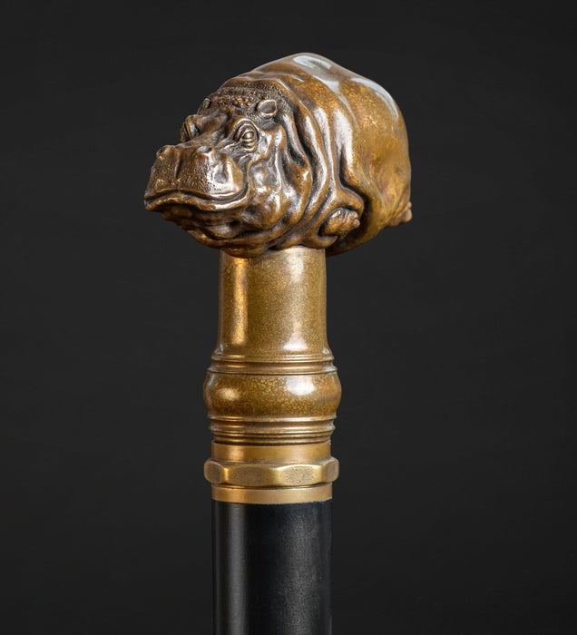 Fashionable walking cane with artistic hippopotamus handle