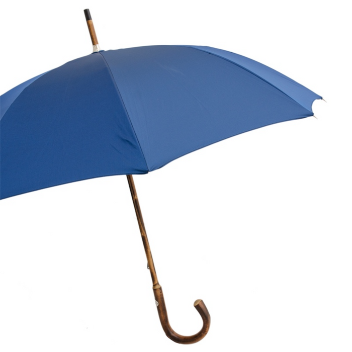 classic blue umbrella with chestnut wood stick 
