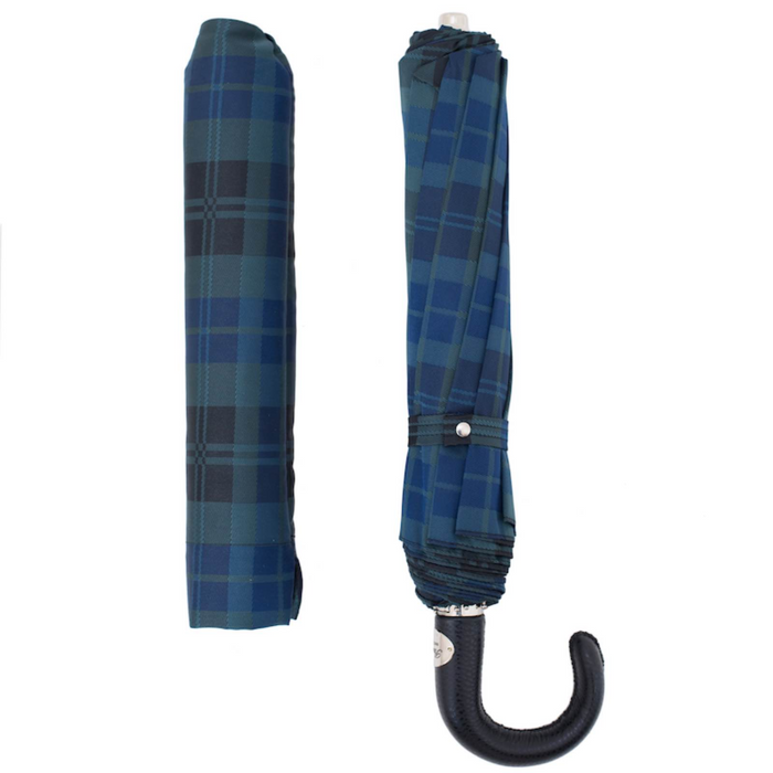 where to buy designer blue tartan folding umbrella with leather handle