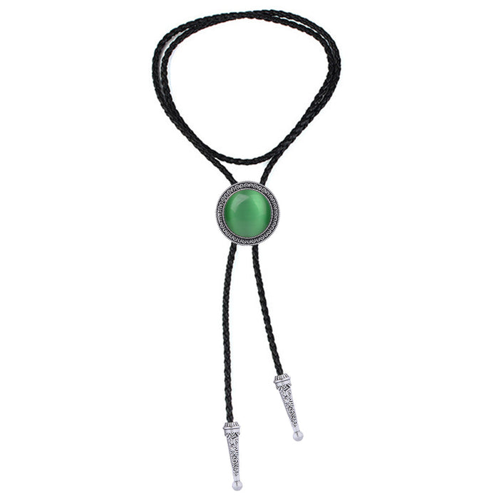 Round Green Cat's Eye Neck Tie Wedding Bootlace Bolo