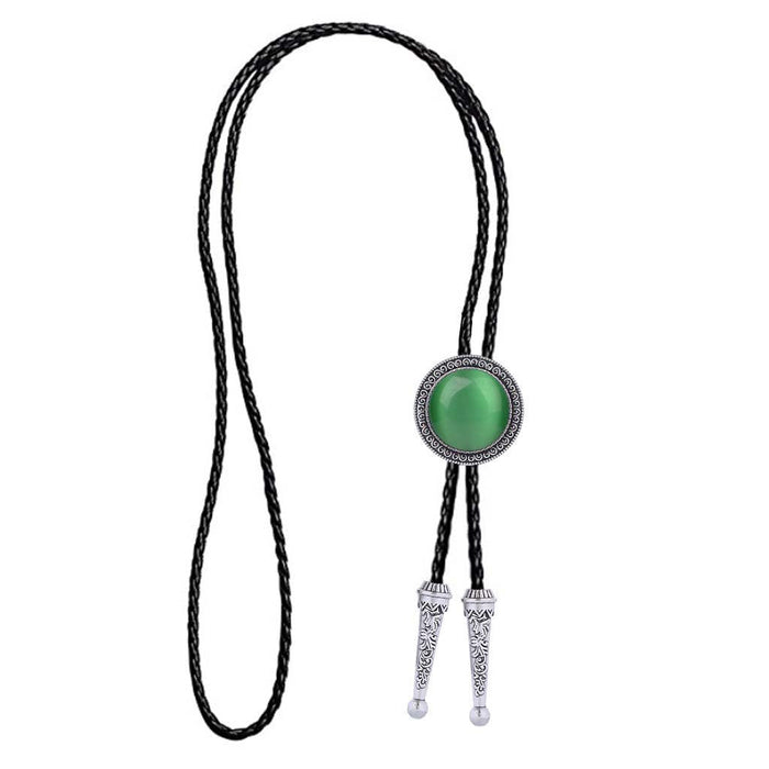 Round Green Cat's Eye Neck Tie Wedding Bootlace Bolo