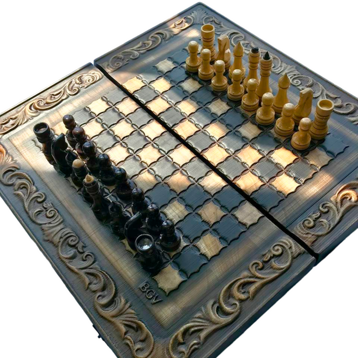 Unique wooden chess set with backgammon board