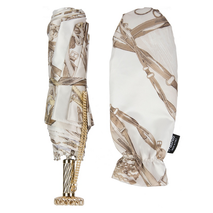 Bridles Print White Jewel Brass Designer Folding Umbrella