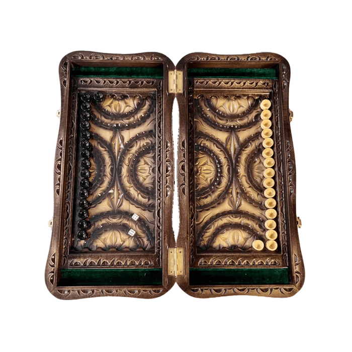 Carved wooden backgammon with glass board