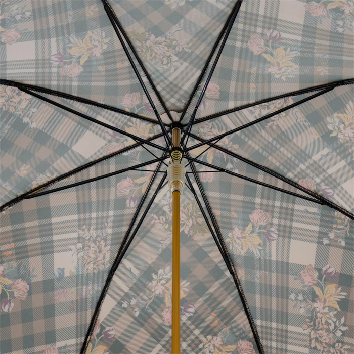 Brown Floral Tartan Umbrella with Wood Handle