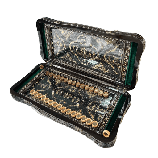 Carved wooden backgammon set with glass board