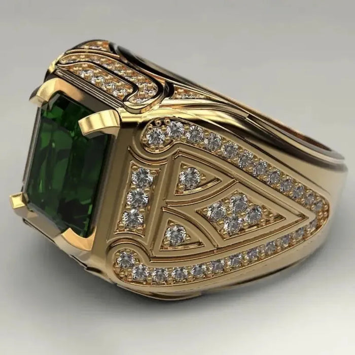 Vintage Golden Ring with Green Gemstone & Crystal Accents