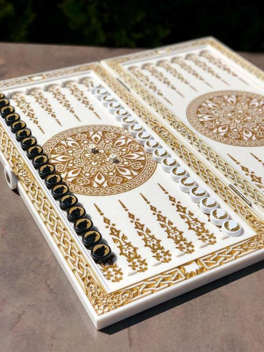 High-end white acrylic stone backgammon set with Wolf motif