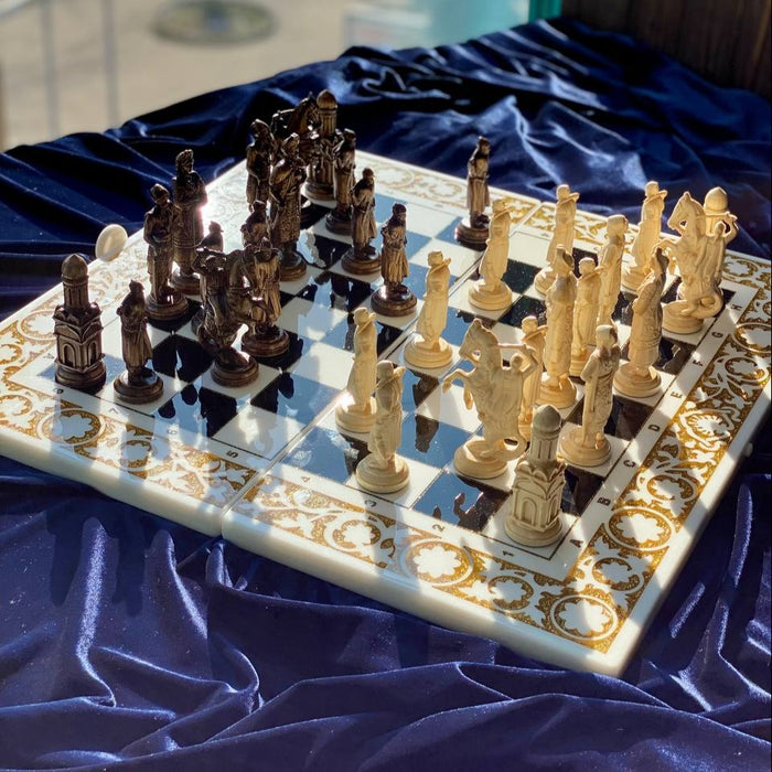 Stone Chess and Backgammon Set with White Acrylic Pieces