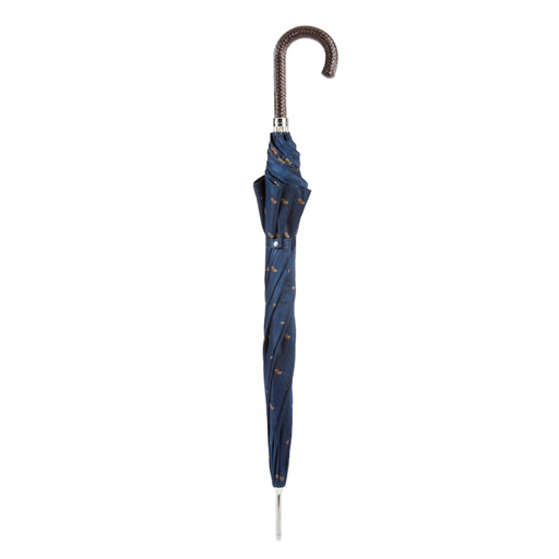 classic blue umbrella with braided leather handle
