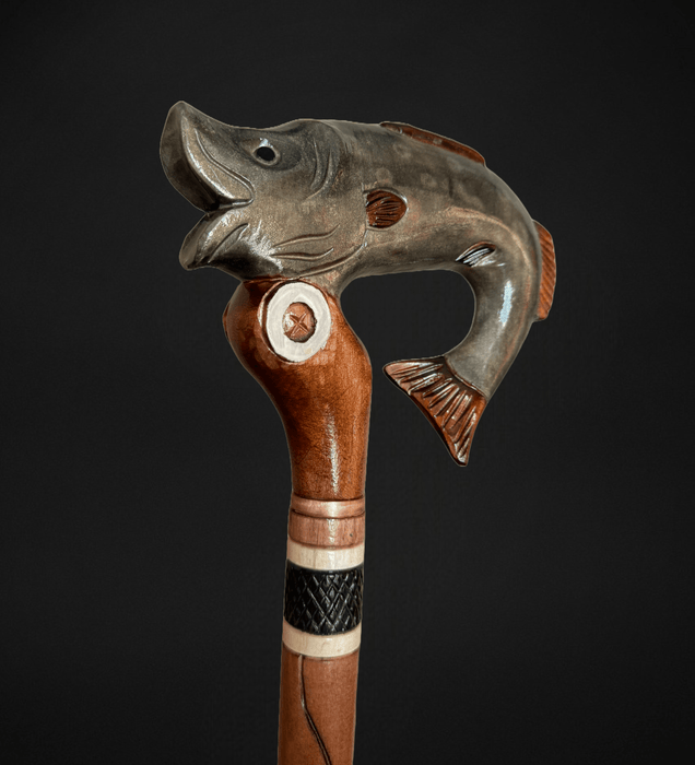 Handcrafted Walking Cane with Fish Design and Fishing Motif