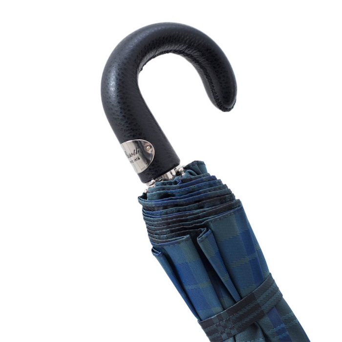 unique blue tartan umbrella with leather handle